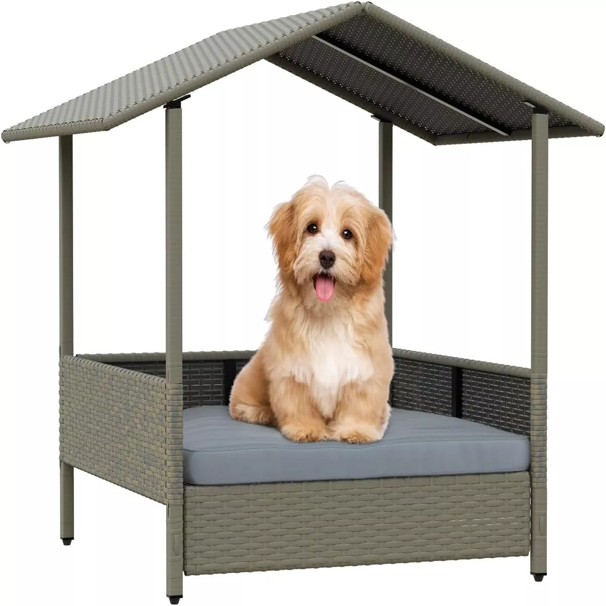 LEMBERI Outdoor Rattan Dog House with Canopy, Indoor Dog Bed for Small/Medium Dogs with Removable Cushion, Washable Cover, Dog Shelter for Patio, Deck, Yard, Pool, Brown