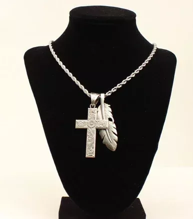 M&F Mens Cross & Feather Twister Necklace