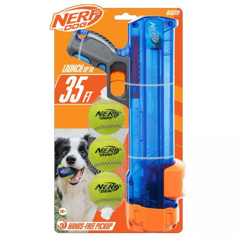NerfDog Gift Set Translucent Blaster Blue/Orange/Gray 12" & 3 Tennis Balls Green 2"
