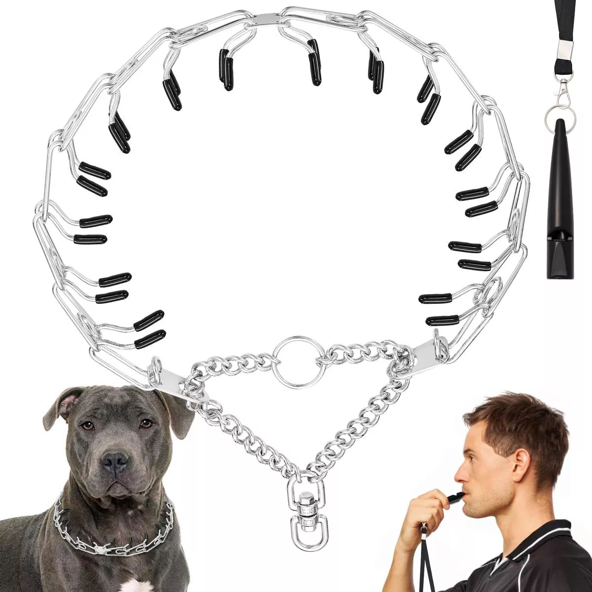 No Pull Dog Collar and Dog Whistle Set 304 Stainless Steels Adjustable Dog Training Collars for Dogs Dog Walking Collar with Comfort Rubber caps(SilverL-24inch)