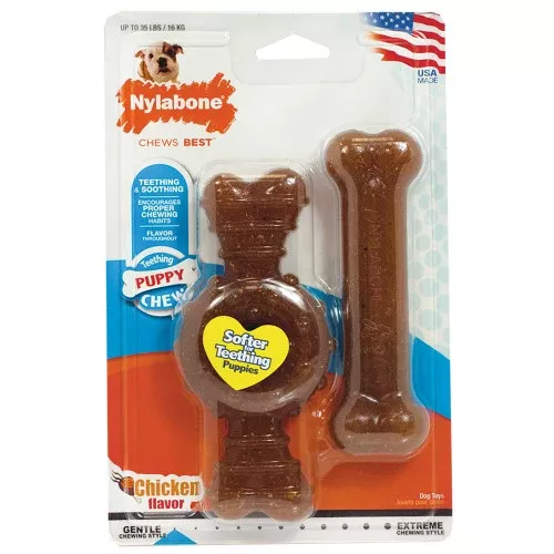 Nylabone, Nylabone Puppy Chew Ring Bone & Toy Twin Pack, Chicken, 1 Each/Medium/Wolf (2 Count)