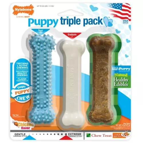 Nylabone, Nylabone Puppy Chew Variety Toy & Treat Triple Pack, 3 count, 1 Each/SMall/Regular - Up To 25 Ibs.