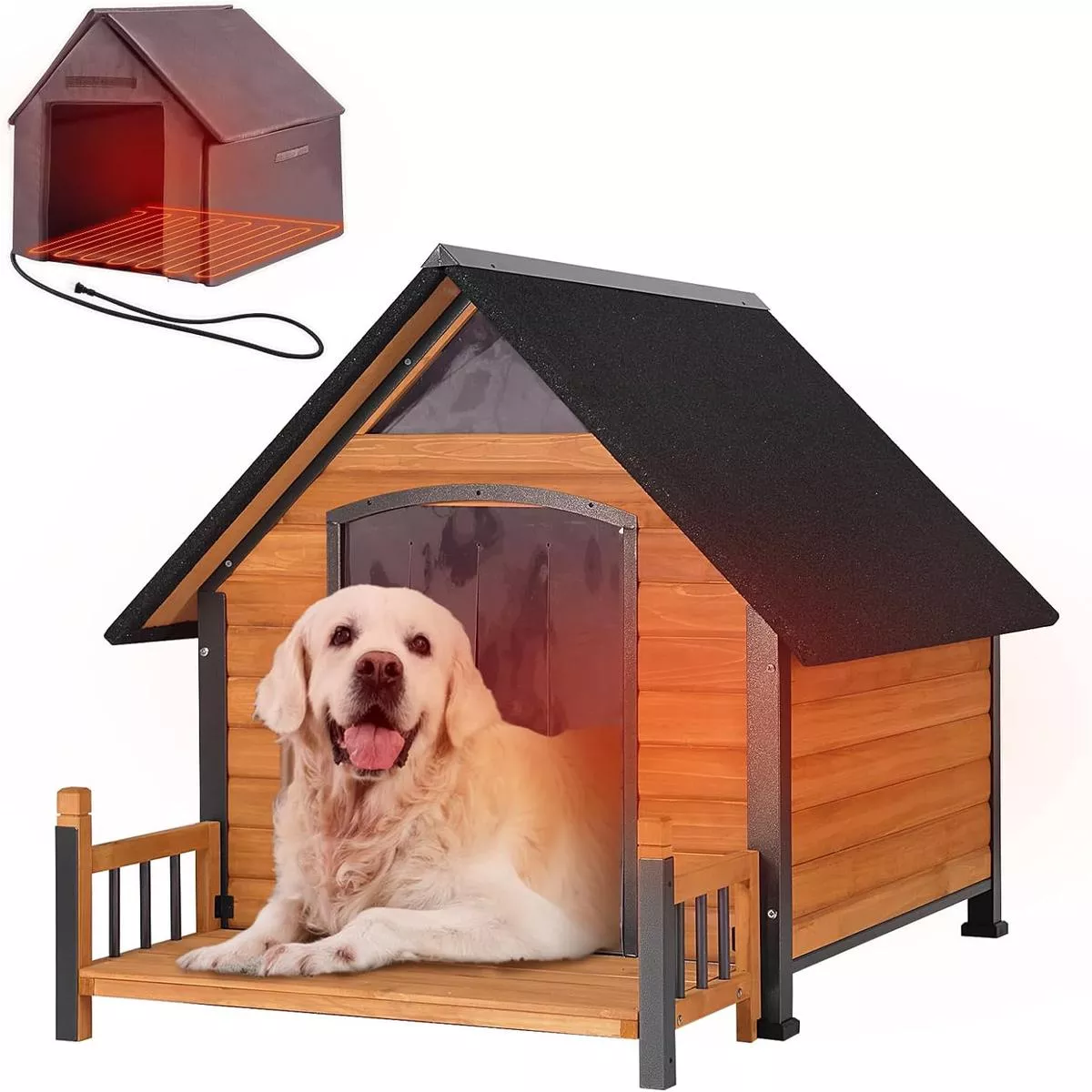 Outdoor Heated Dog House with All-Around Insulated Liner Weatherproof Puppy Shelter Indoor Dog Kennel, Anti-Bite Dog Home for Large Breed with Porch (Brown-2, 50.8″ D x 37.4″ W x 37.2″ H)