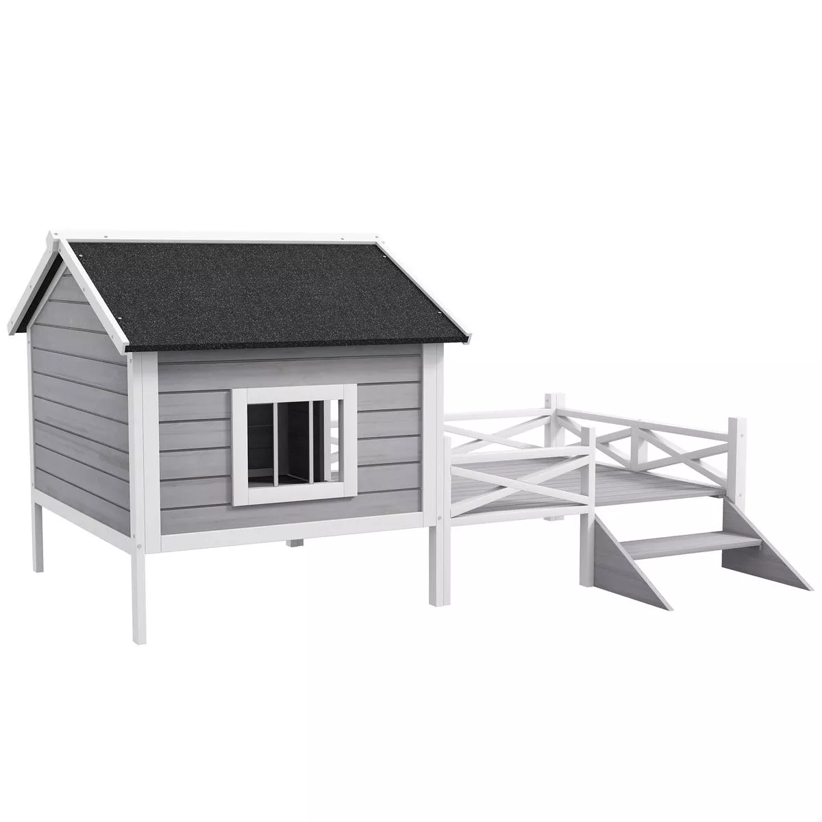 Outdoor Wooden Dog House with Covered Porch for Small to Medium Pets, Grey