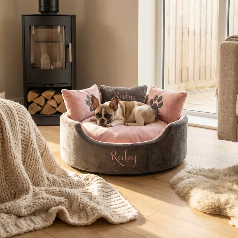 Personalised Grey & Pink Super Soft Dog & Cat BedLuxury Custom Pet Bed