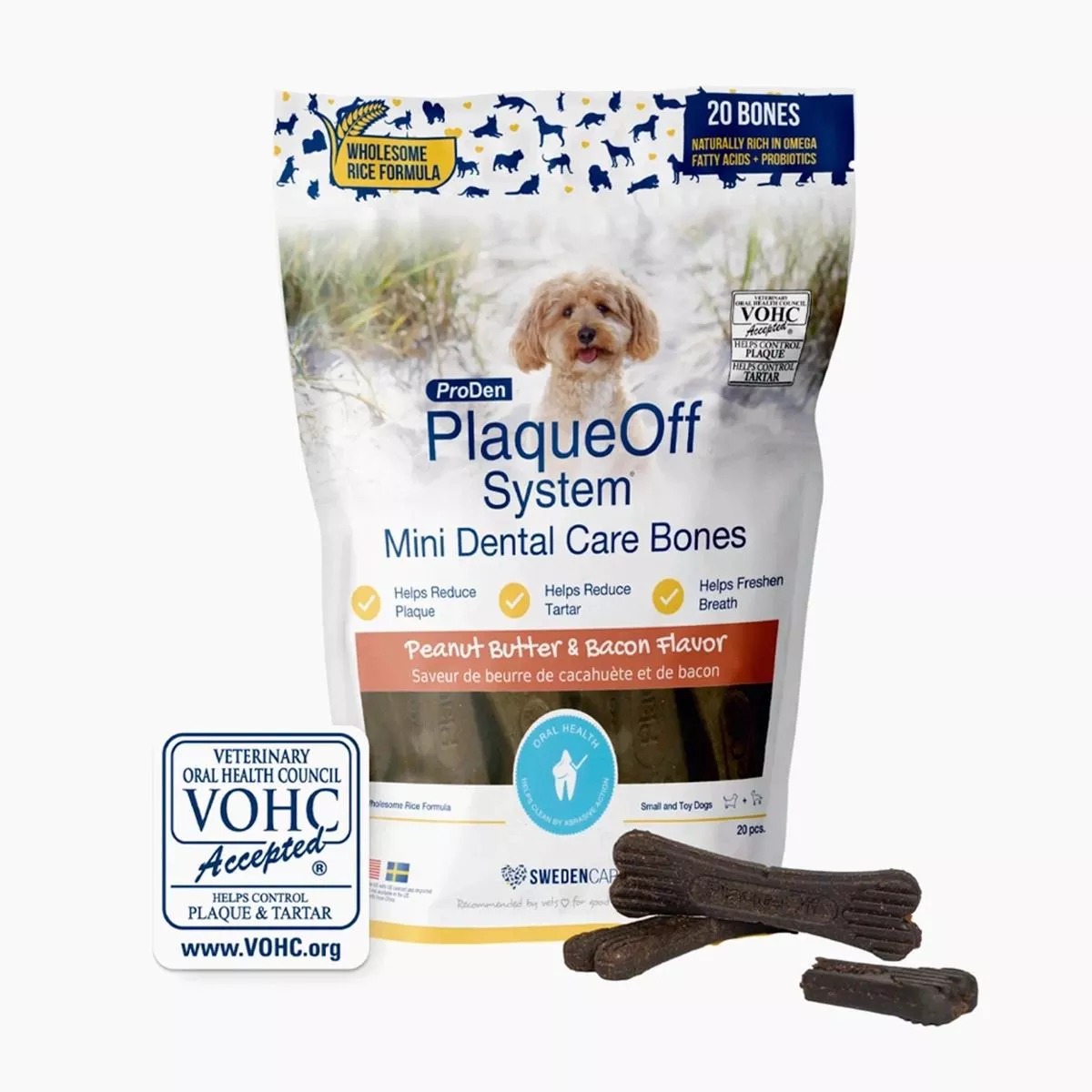 Proden PlaqueOff System Mini Dental Care Bones – Peanut Butter & Bacon
