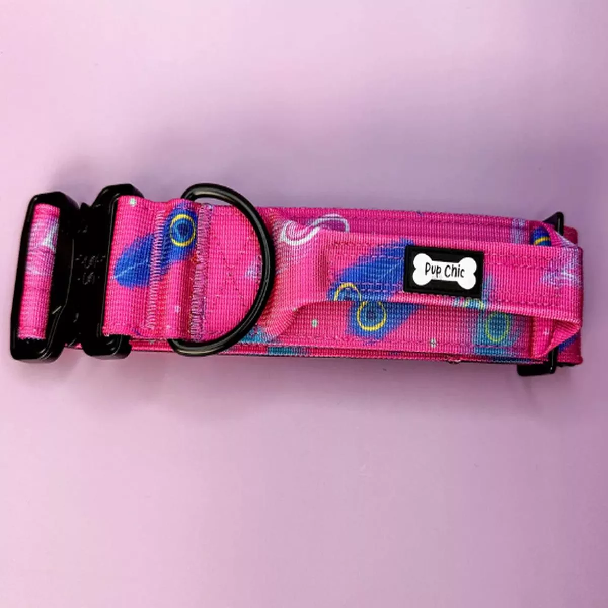 Pup Chic Peacock Power Tactical Dog Collar with HandleHot Pink Peacock Feather Print