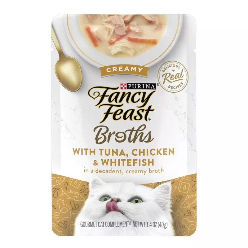 Purina Fancy Feast Lickable Wet Cat Food Broth Topper, Creamy With Tuna, Chicken, and Whitefish 1.4oz