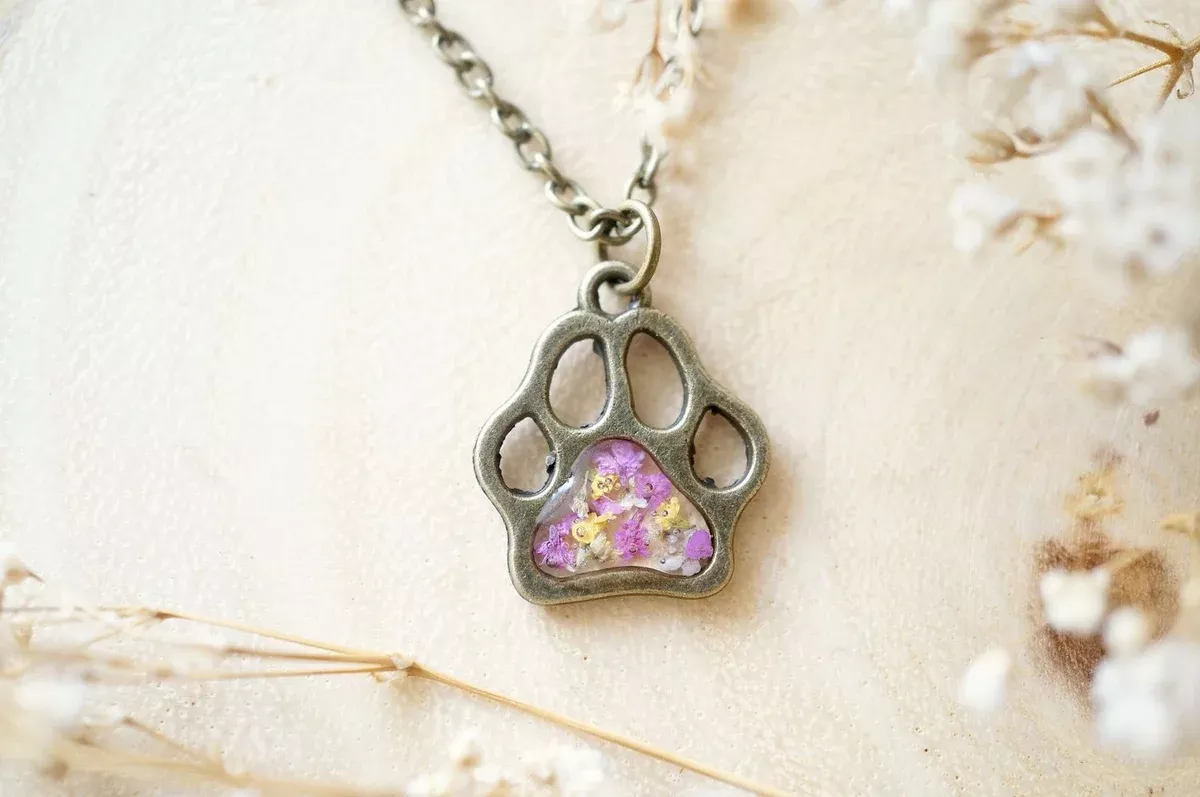 Real Dried Flowers in Resin Necklace, Dog Paw in Pink Yellow White