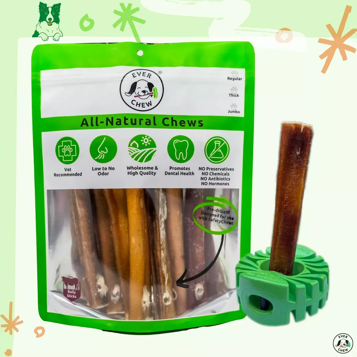 SafetyChew Plus Medium Dog Starter Pack: Heavy-Duty Bully Stick Holder + All-Natural Bully Sticks for Dogs 16-39+lbs