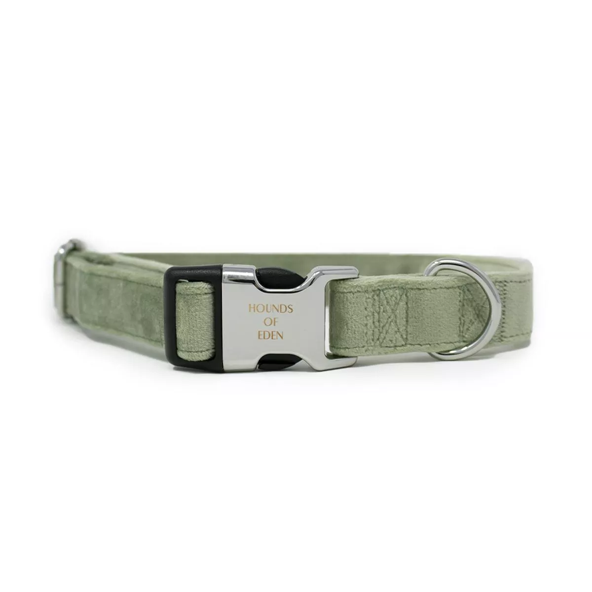 Sage Mist – Green Velvet Dog Collar with Silver Metal Hardware
