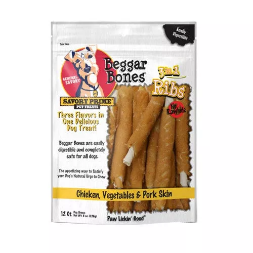 Savory Prime, Beggar Bone 3in1 Ribs Dog Treat Chicken, Vegetable and Pork, 12 Count / Stick