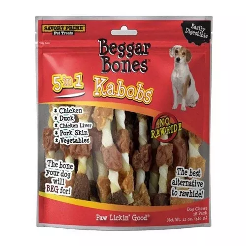 Savory Prime, Beggar Bone 5 in 1 Kabobs Dog Treats, 18 Count / 12 Oz