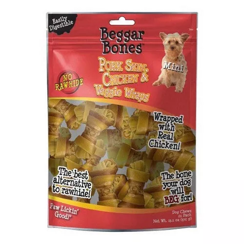 Savory Prime, Beggar Bones Pork Skin, Chicken and Veggie Wraps Dog Treats, 21 Count / Small