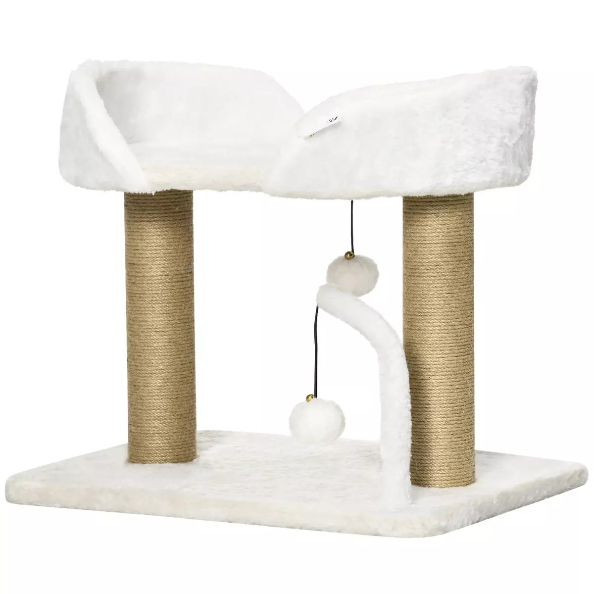 Small Cat Tower Condo, Jute Scratching Posts, Top Perch, Dangling Balls, White – White