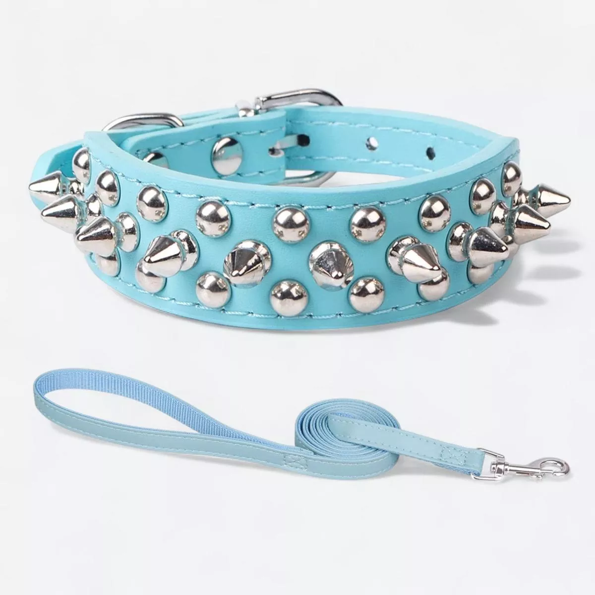 Spiked Leather Dog Collar Leash Set