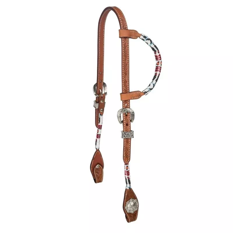 Tabelo Aztec Bead Headstall with Flower Tooling Nat