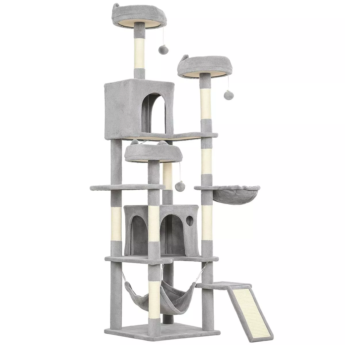 Tall Multi Level Cat Tree for Two or More Cats with Scratch Posts and Cosy Beds Light Grey