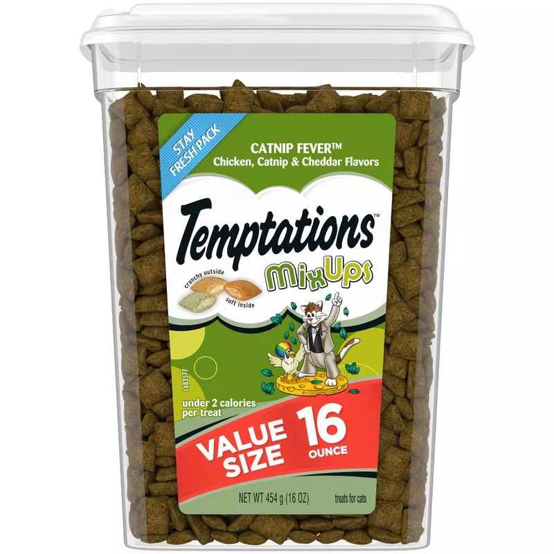 Temptations MixUps Catnip Fever Flavor Crunchy and Soft Cat Treats, 16 oz. Tub