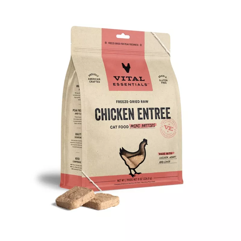 Vital Essentials Chicken Mini Patties, Freeze-Dried Cat Food, 8-oz Bag