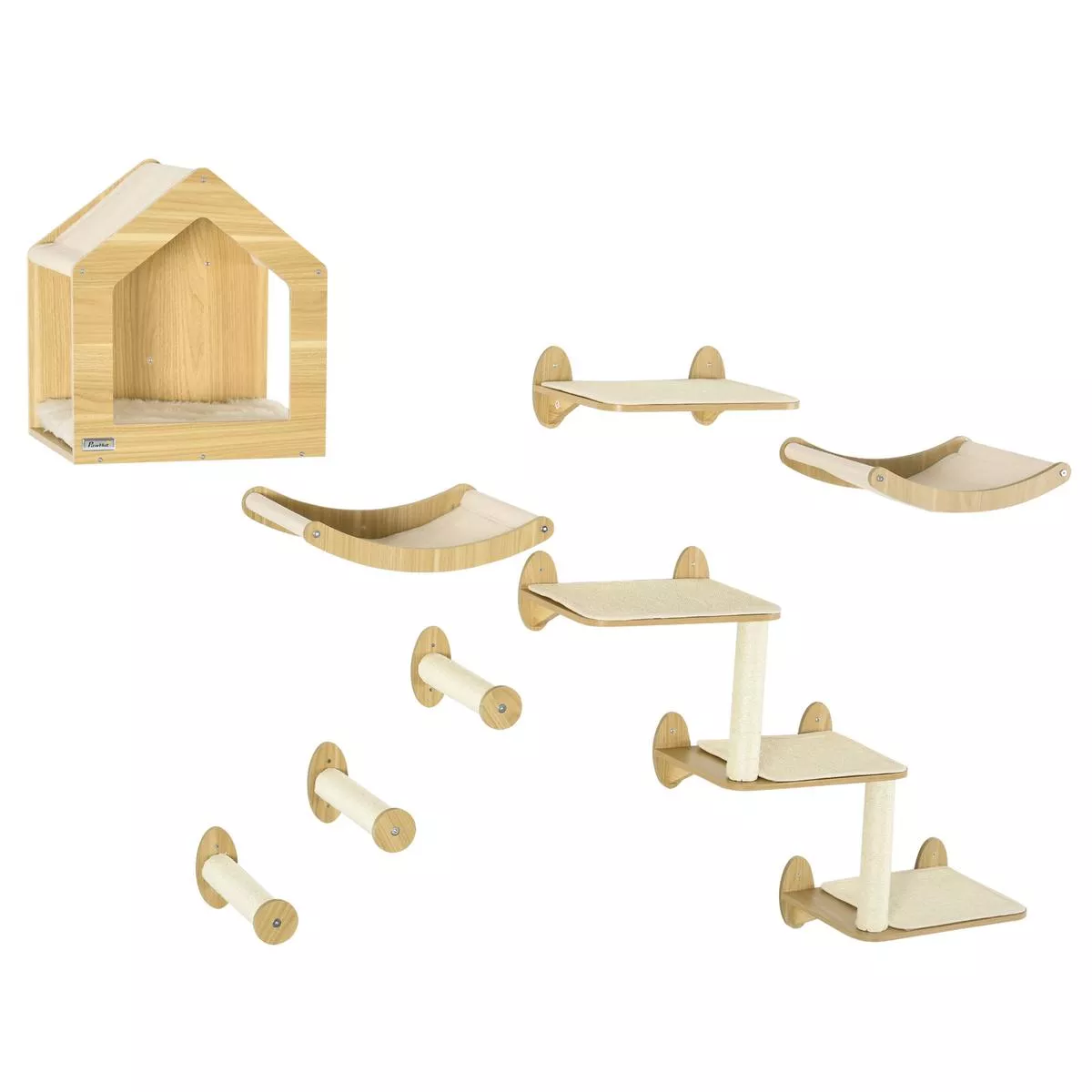 Wall Mounted Cat Furniture Set for Climbing and Play with Washable Pads Oak Cream Beige