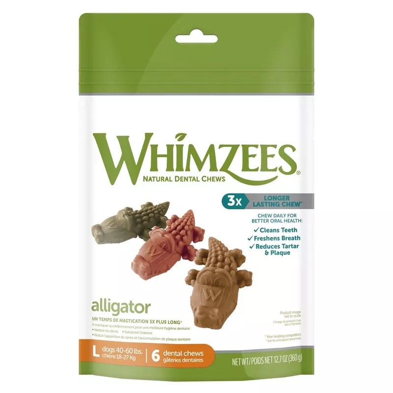 WHIMZEES Natural Grain Free Daily Dental Long Lasting Dog TreatsAlligatorLargeBag of 6