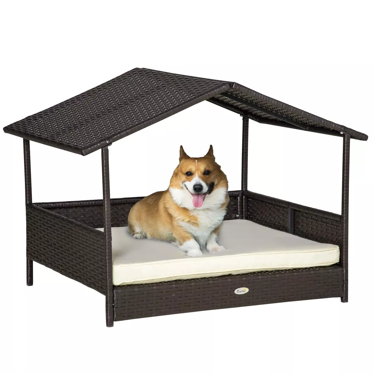 Wicker Rattan Dog House with Removable Cushion and Canopy for Small to Medium Pets, Cream