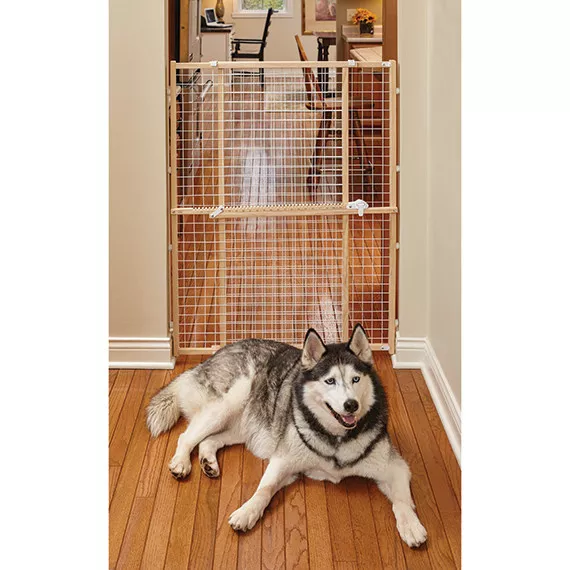 Wood and Wire Mesh Pet Gate 44x29-50 In